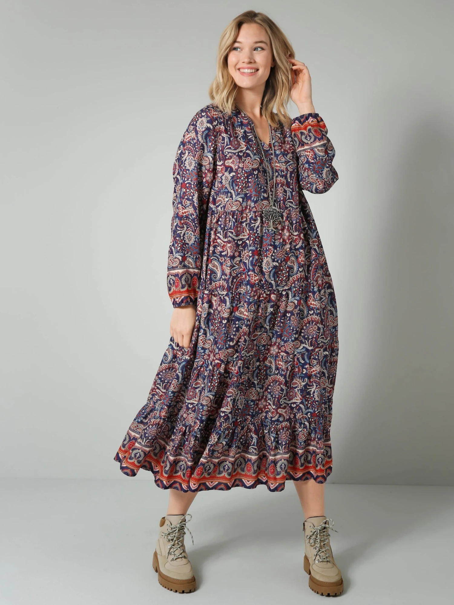 Web-Kleid In Marineblau, Beige, Rost 6 Web-Kleid In Marineblau, Beige, Rost – Bild 4