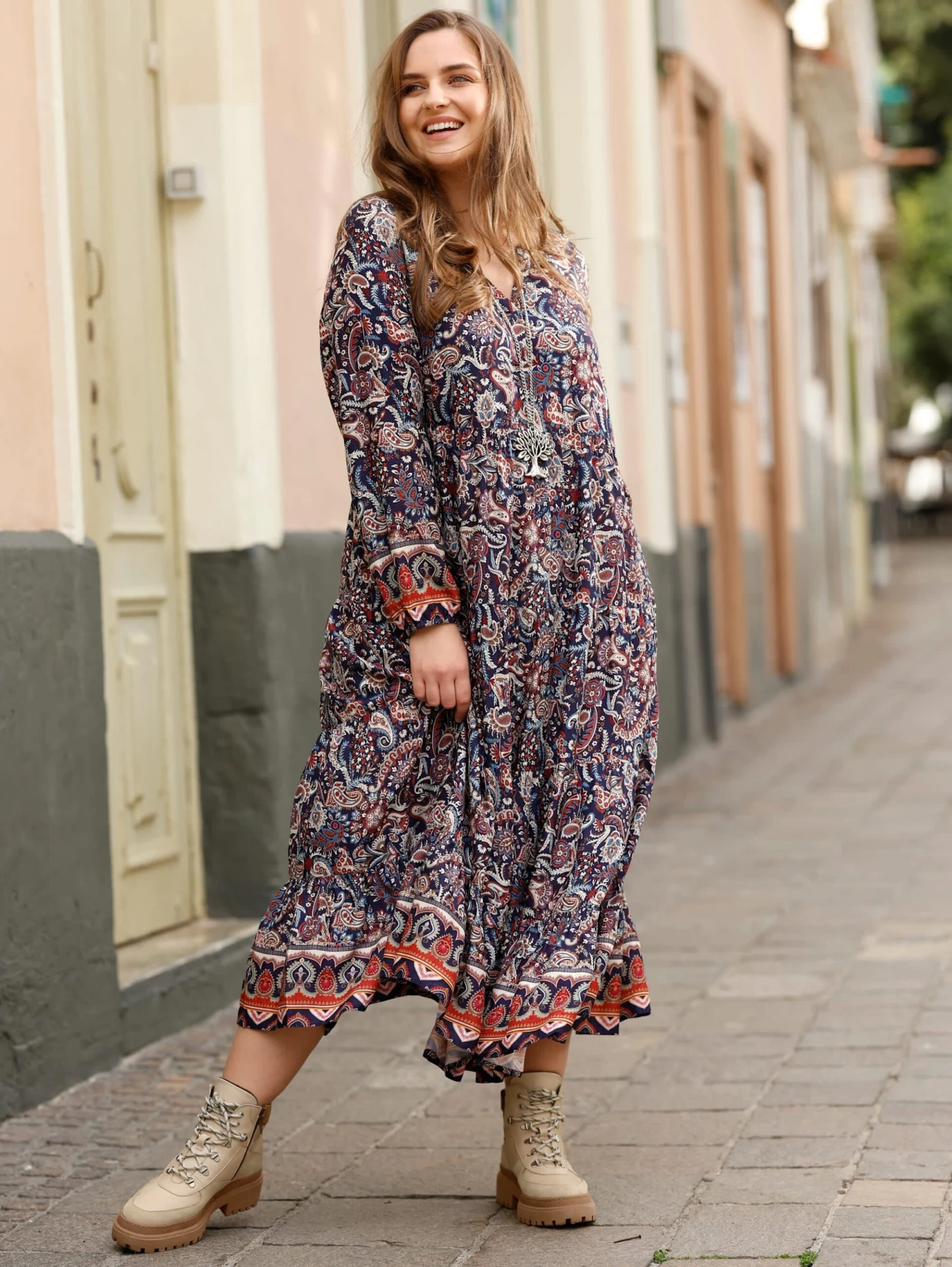 Web-Kleid In Marineblau, Beige, Rost 7 Web-Kleid In Marineblau, Beige, Rost – Bild 5